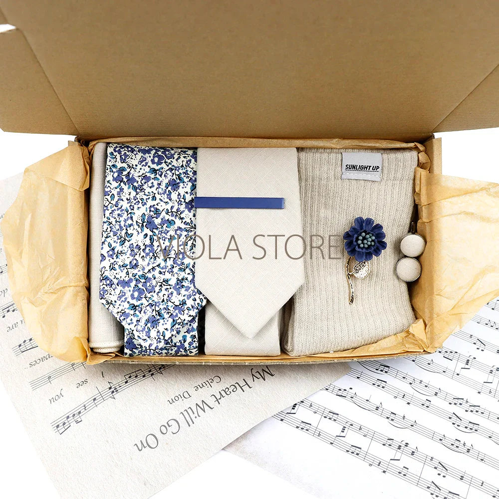 Viola Design Gift Box Hot Solid Floral Cotton Sock Necktie Set Clip Cufflinks Pin Hanky Men Wedding Party Daily Cravat Accessory