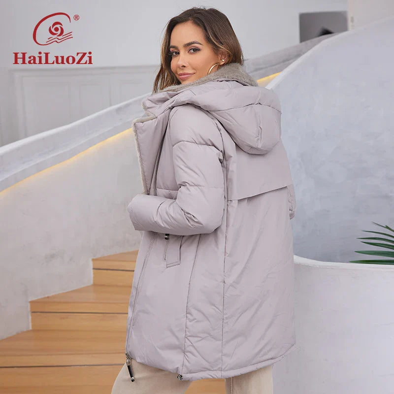 HaiLuoZi 2023 New Women's Jacket Short Warm Hooded With Fur Female Winter Outwear Slant Pockets Fashion Women Coat 1123