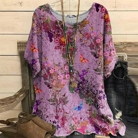 2023 New Round Collar Flower Printing Top Retro Pullover Summer Loose Short Sleeves Plus Size Tee Shirt Fashion T-Shirt S-6xl