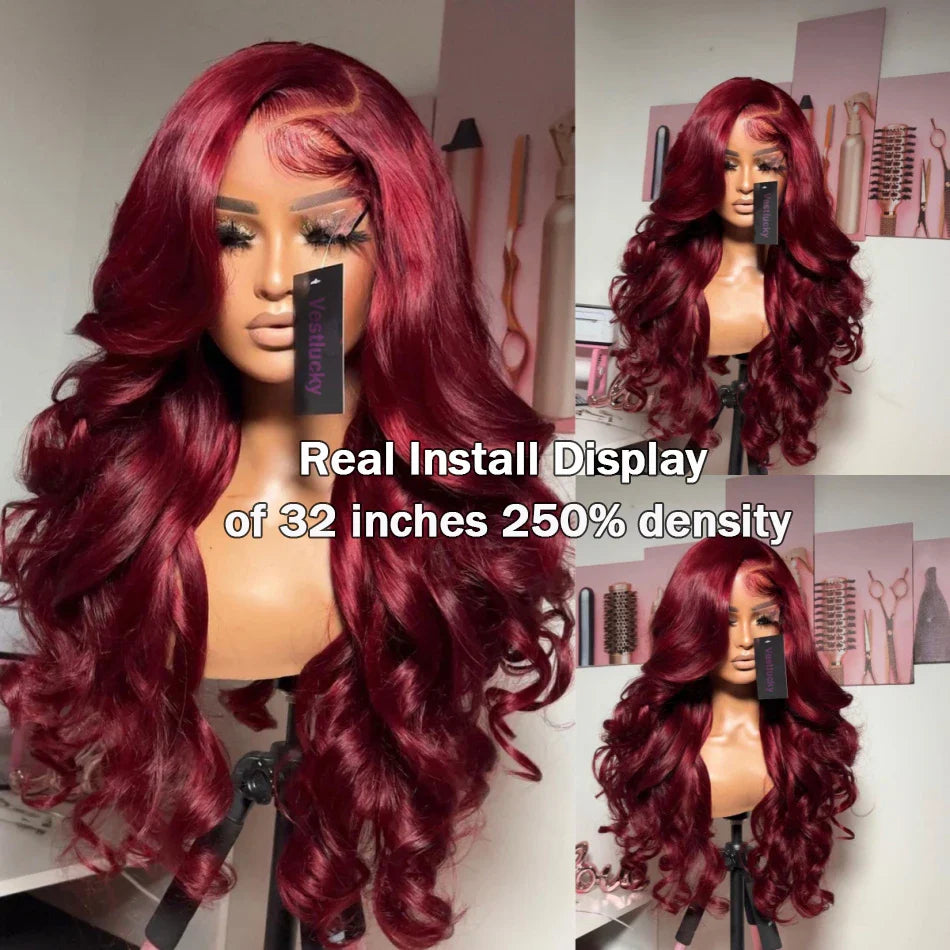 99J Burgundy 13x6 Lace Front Human Hair Wig Body Wave Remy Red Hair Wigs for Black Women Brazilian HD Lace Frontal Wigs 32inch