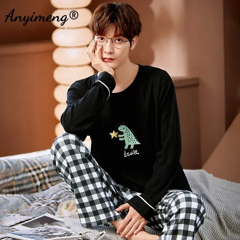 Big Size Autumn New Mens Casual Pajamas Set Cotton Long Sleeve Kawaii Bear Cartoon Printing Sleepwear for Men Pijama for Boy