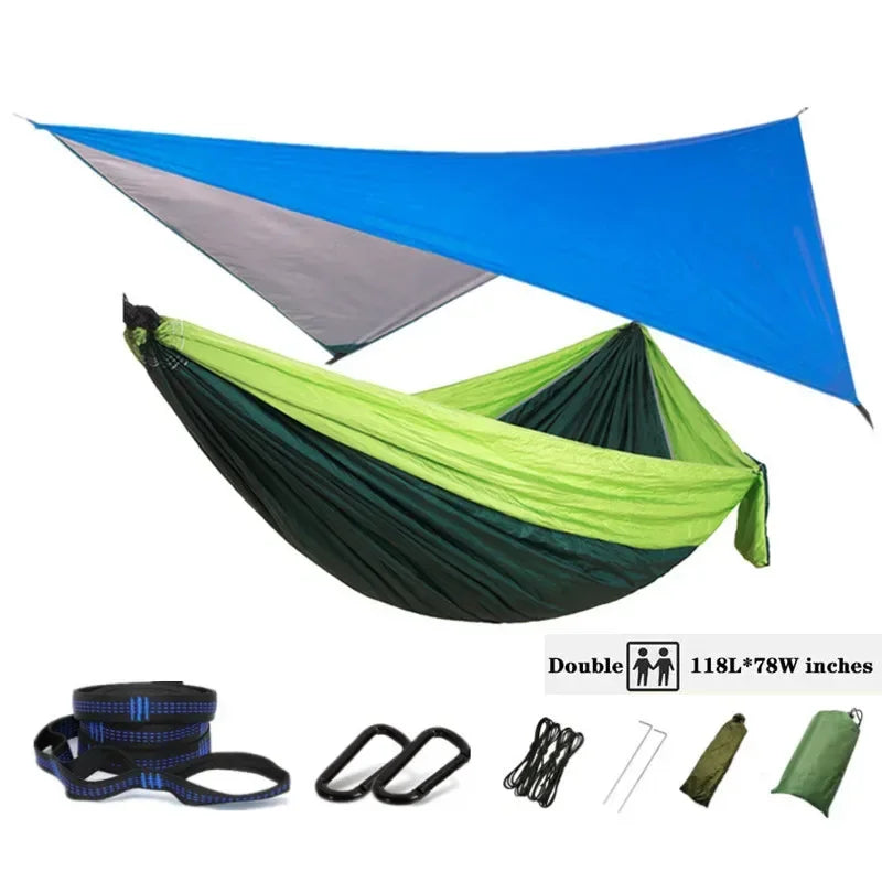 Oversized Double 118inx79in Hammock with Tree Straps and Rain Fly, Indoor Outdoor Backpacking Survival & Travel Camping Hammock