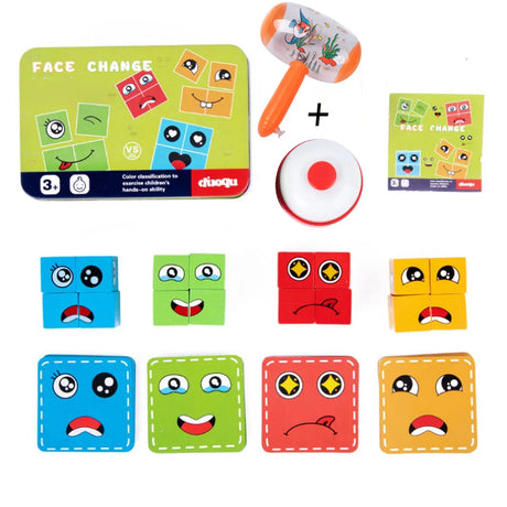 Kids Montessori Toy 64 pcs Cards of Emoticon Puzzle Face Change Cubes Wooden Toys Building Blocks Educational Game for Children