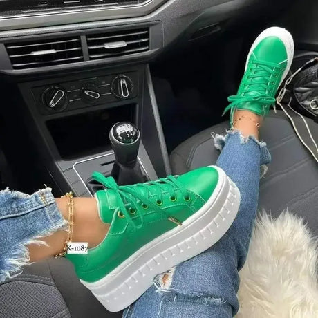 Designer Women Leather Platform Casual Shoes Fashion Solid Color Chunky Heel Sneakers Flat Sports Shoes Female Zapatillas Mujer