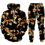 Spring Autumn  Golden Floral 3D Printed Hoodie/Tracksuit Casual Sweatshirt and Trousers Set Fashion Men Women Sports Suit