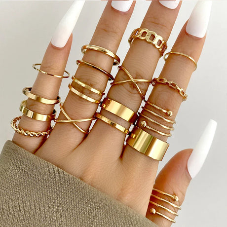 Vintage Hollow Gold Color Ring Set For Women 16pcs/set Metal Geometric Spiral Shape Cross Finger Ring 2023 Trendy Jewelry Gift