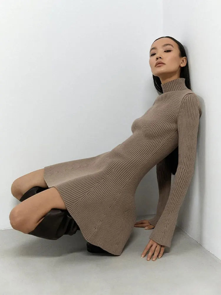 Ribbed Knitted Long Flare Sleeved Mini Dress Half High Collar High Waist Sweater Dresses Women Autumn Fashion Street Vestidos