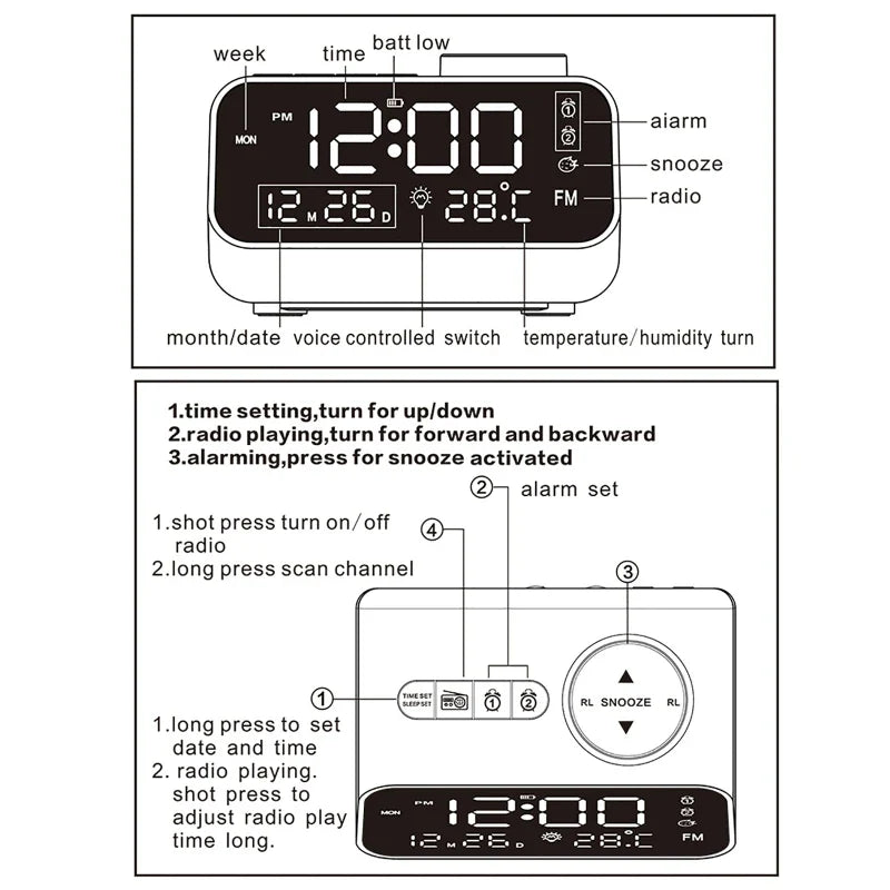 LED Digital Alarm Clock Watch Table Electronic Desktop Clocks USB Wake Up FM Radio Acoustic Control Sensing Modern Alarm Clock