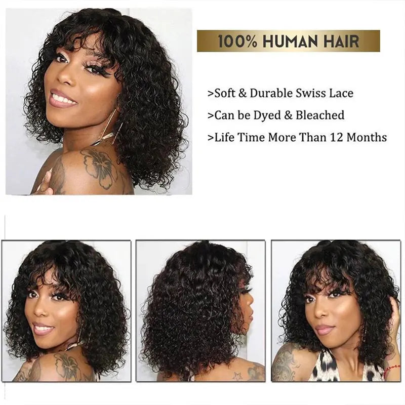 Short Curly Bob Human Hair Wig With Bangs Pixie Bob Cut Glueless Wigs Water Wave Full Machine Natural Black Cheap Wigs For Women