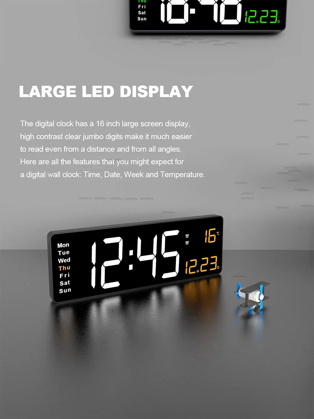 16inch Digital Wall Clock Large LED Alarm Clock Remote Control Date Week Temperature Clock Dual Alarms LED Display Clock