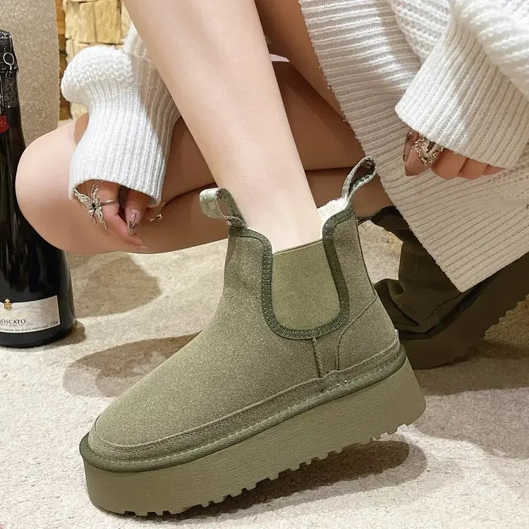 Suede Flats Women Ankle Snow Boots Platform Warm Winter Casual Shoes 2024 New Fashion Womens Thickened Short Plush Chelsea Boots