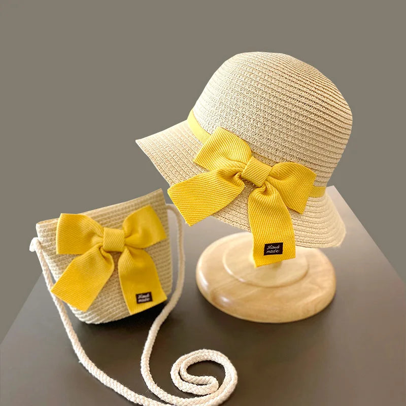 2-8 year old children's sun hat summer new straw bag hat set baby travel sunscreen beach hat sun Bucket hat children's straw hat