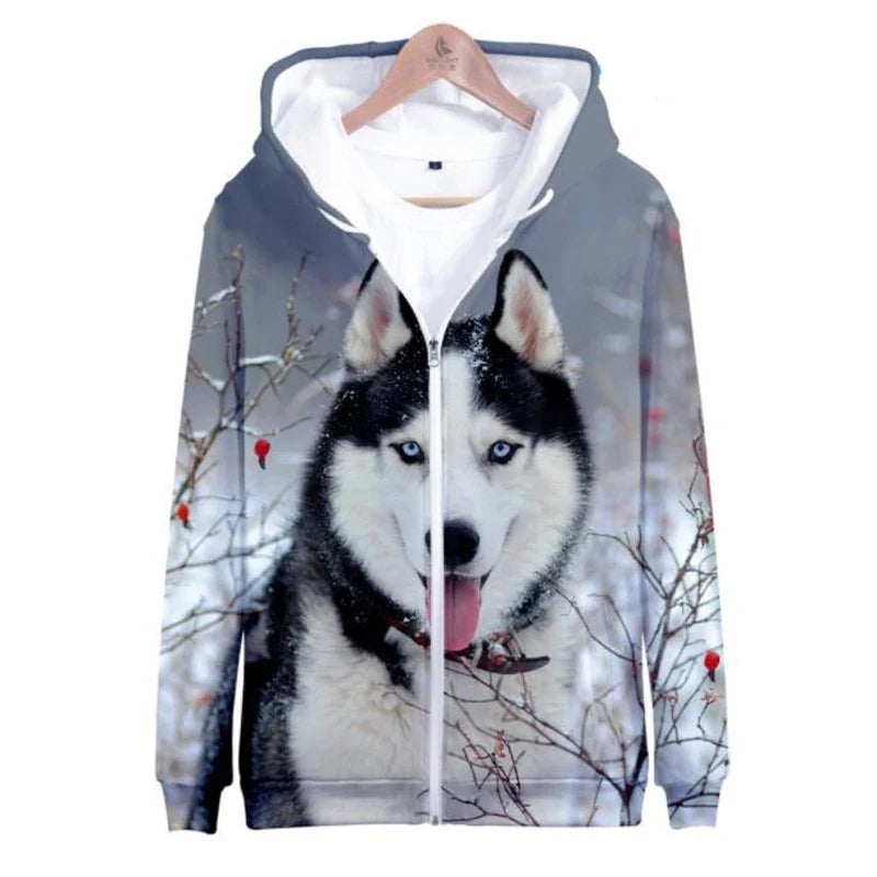 Animal Dog Husky 3D Print Zip Up Hoodie Women Men Harajuku Sweatshirt Streetwear Hip Hop Zipper Hooded Jacket Male Tracksuit