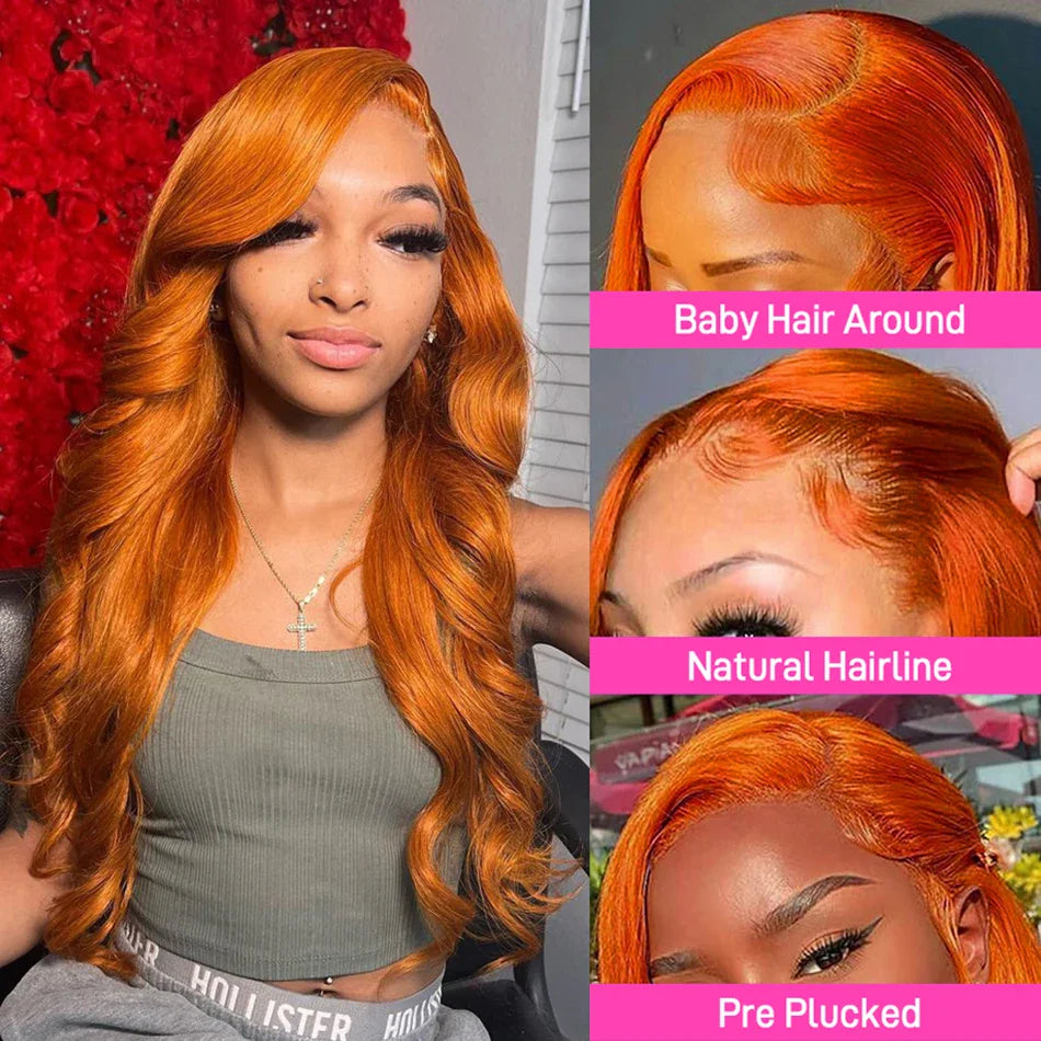 13x4 Body Wave Orange Ginger Lace Front Human Hair Wigs 30 Inch 13x6 Hd Glueless Pre Plucked Colored Lace Frontal Wig For Women