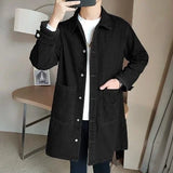 Mid-length Denim Windbreaker Jacket Men Spring Autumn Casual Trench Coat Korean Fashion Solid Wild Loose Male Trendy Outerwear