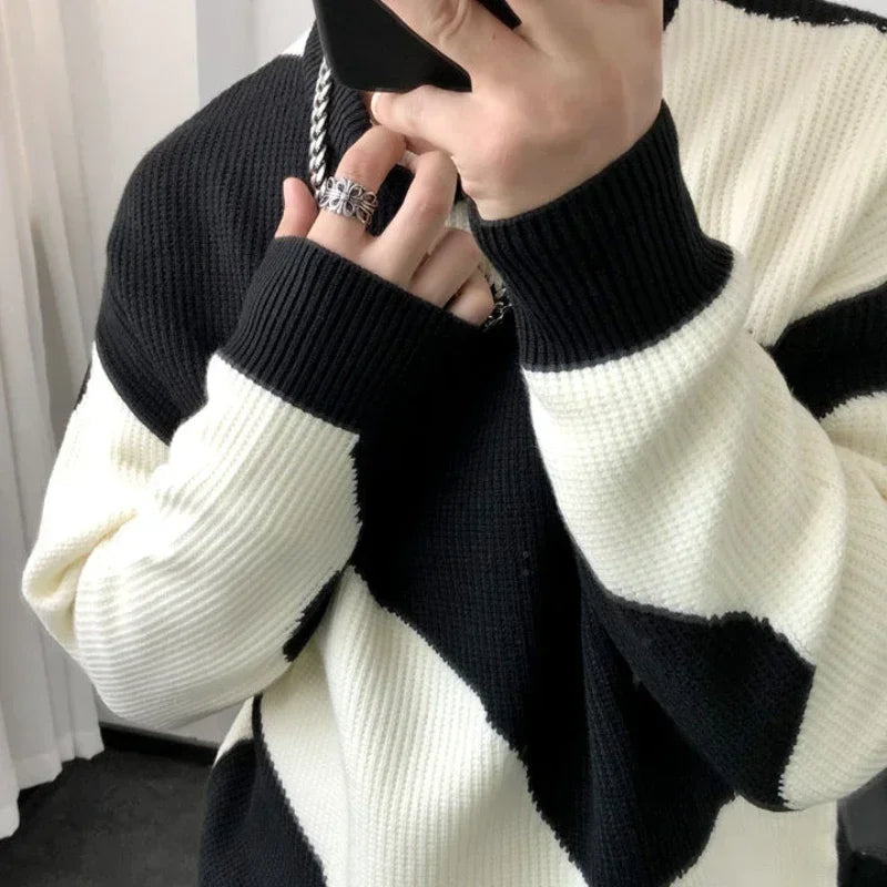 Knitted Sweaters for Men Black Spliced Pullovers Man Clothes No Hoodie Crewneck Round Collar A Over Fit Knit Spring Autumn Warm