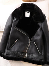 LY VAREY LIN Winter Women Faux Leather Lambs Wool Fur Collar Pu Moto Zipper Jacket Warm Thick Outerwear Faux Lamb Leather Jacket