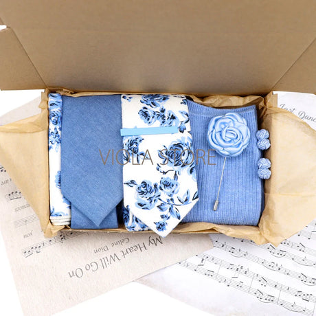 Viola Design 7 PCS Gift Box Cotton Sock Tie Sets Clip Pin Cufflinks Hanky Solid Floral Men Wedding Party Daily Cravat Accessory