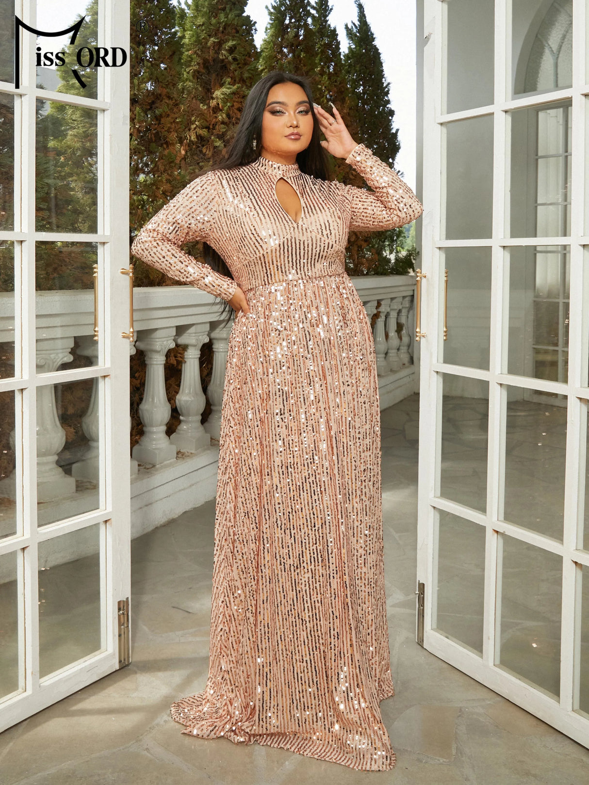 Missord 2024 New Plus Size Elegant Beautiful Women Cutout Round Neck Long Sleeve A-line Evening Wedding Birthday Party Dress