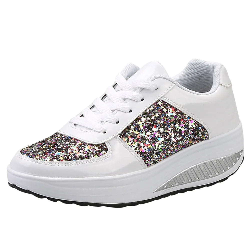 Fashion Ladies Women'S Shoes Sport Sequins Wedges Shoes Shake Silver Comfortable Sport Jogging Tennis Lace-Up Running Sneakers