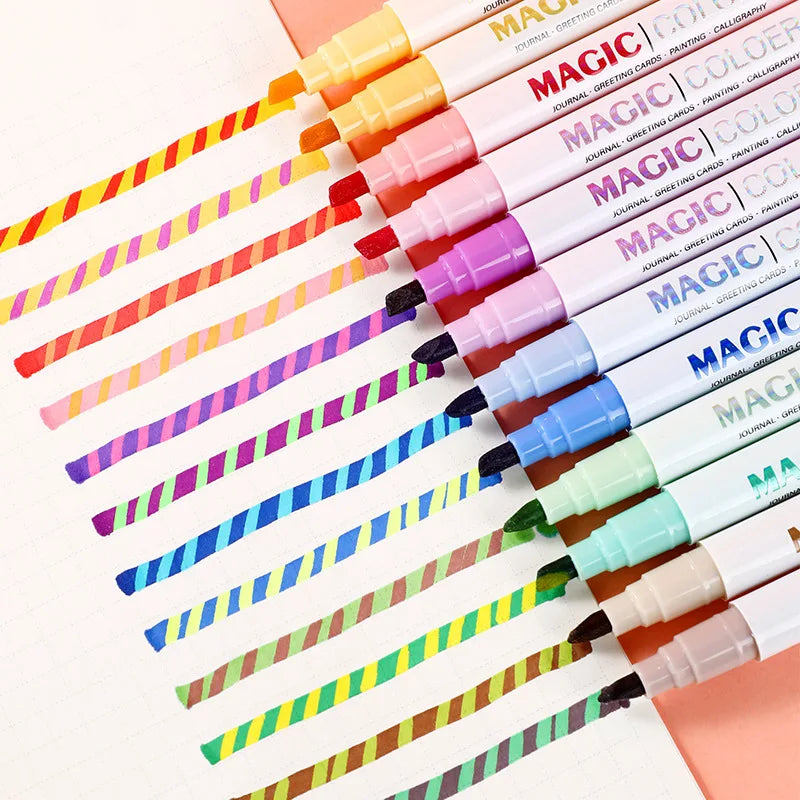 12pcs/set Magic Color Changing Highlighters Double Tip Fluorescent Pen Markers Pen Journal DIY Notes Painting Art Supplies