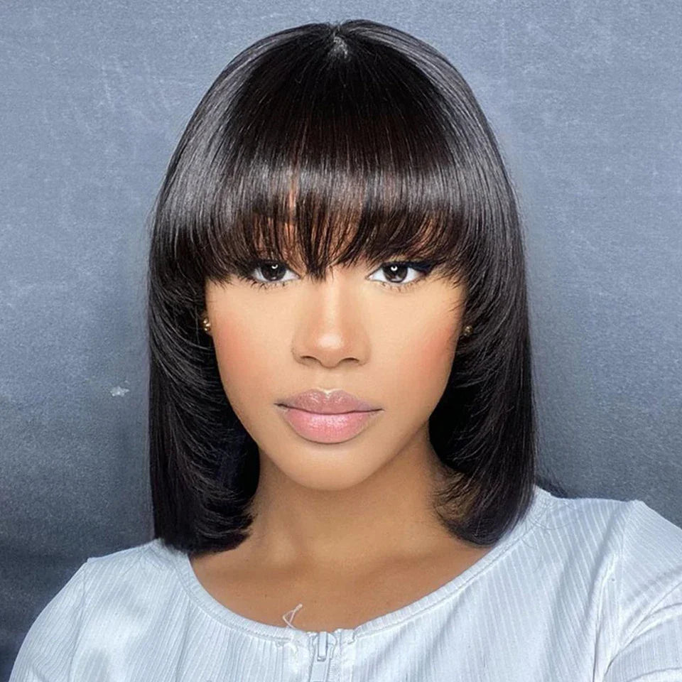 Debut Straight Bob Human Hair Wigs With Bangs Short Brazilian Human Hair Bob Wigs For Woman Full Machine Made Human Hair Wigs