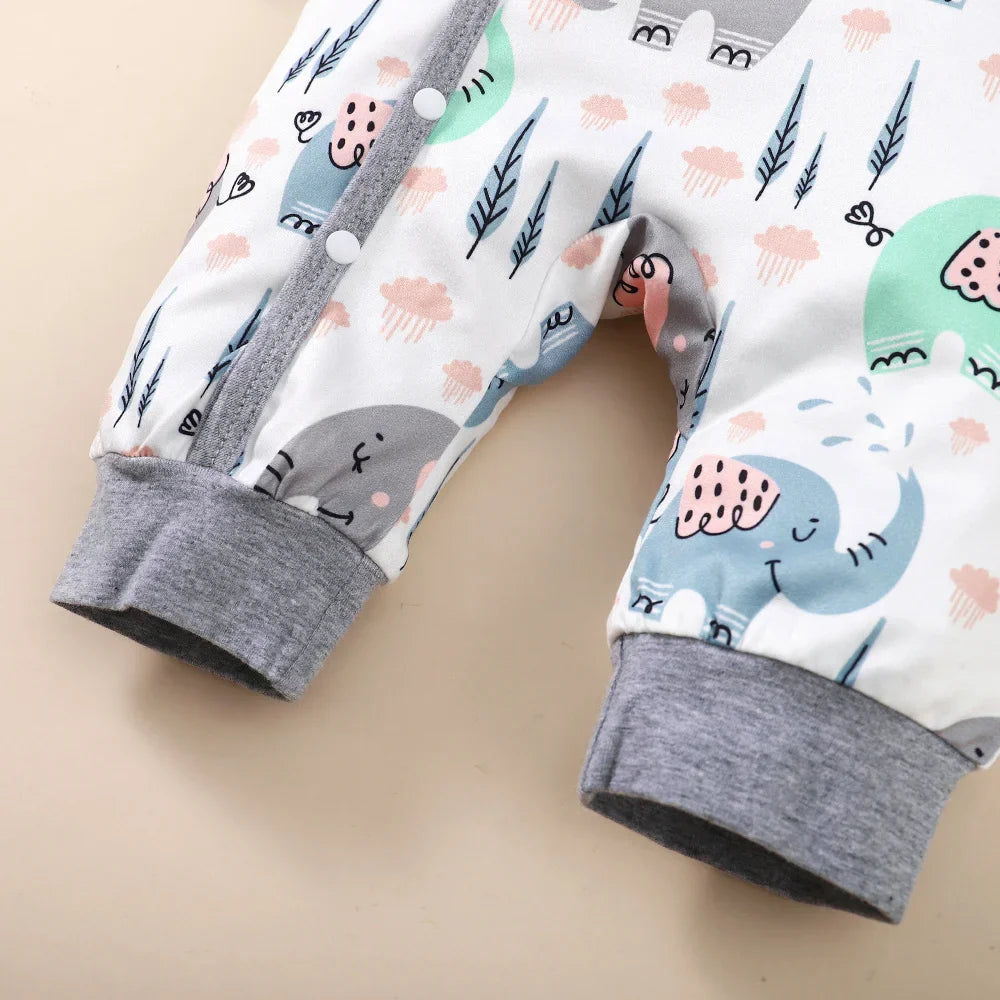 0-18 Months Baby Clothes Newborn Boy Romper Long Sleeves Animal Print Jumpsuit with Hat 2PCS Clothing Infant Baby Bodysuit