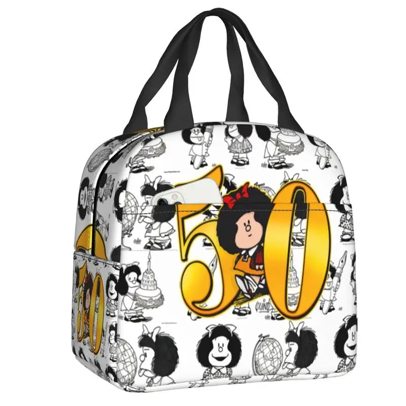 Mafalda Insulated Lunch Bags for Women Argentine Cartoon Quino Comic Portable Cooler Thermal Food Lunch Box Kids School Children