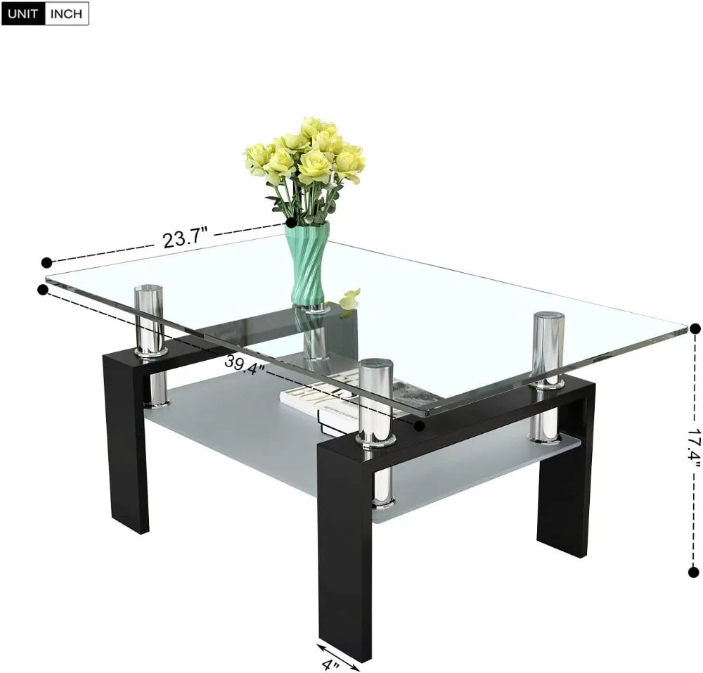 Rectangle Glass Coffee Table-Modern Center Side Coffee Table with Lower Shelf Black Metal Legs-Suit for Living Room (Black)