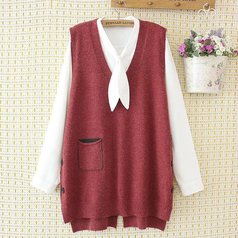 Womens Sweater Vest Plus Size 4xl Loose Solid V-Neck Side Button Slit Pocket Knitting Pullover Curve Sleeveless Jumper E2-0501