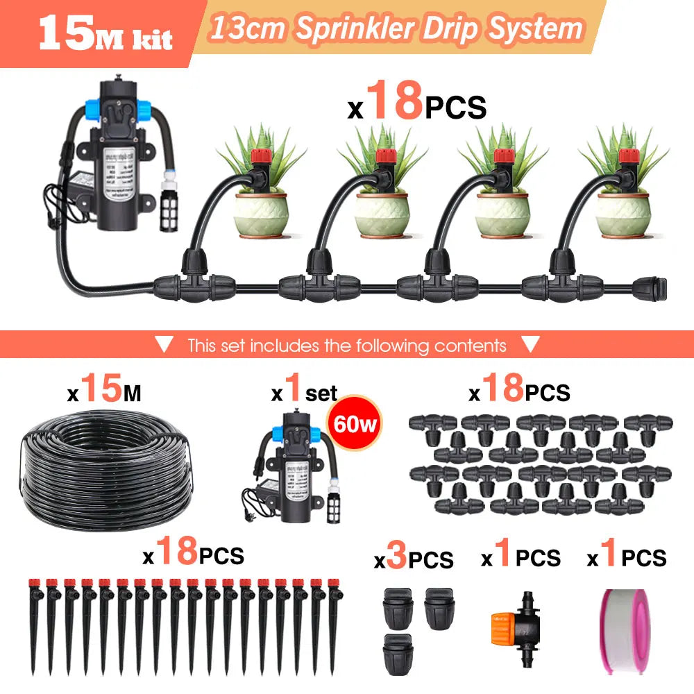 50-5M 13cm Stake Sprinkler Watering System Garden 60W Power Self-Priming Pump Automatic Irrigation Equipment 1/4”Hose Drip Kits