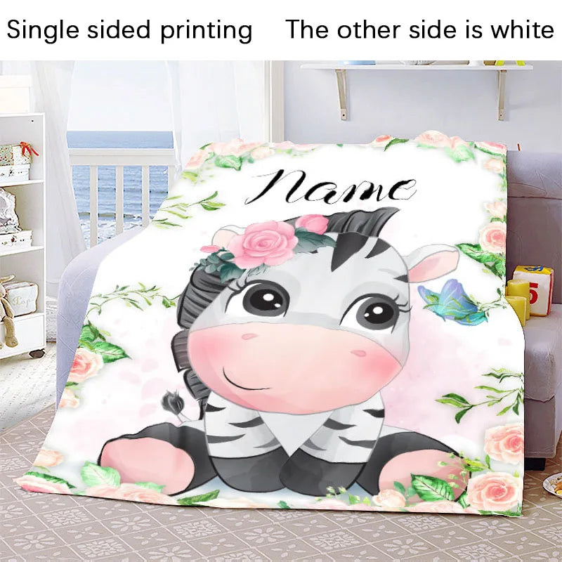 Custom Name Blanket Kawaii Baby Girl Boy Kids Personalized Blankets Cartoon Animal Cute Soft Flannel Throw Blanket Birthday Gift