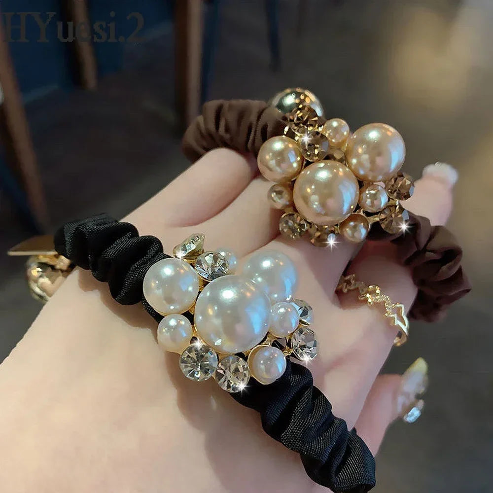 Luxury Rhinestone Pearl Hair Ties Ropes Women Girls Exquisite Elastic Crystal Beaded Ponytail Holder Scrunchies