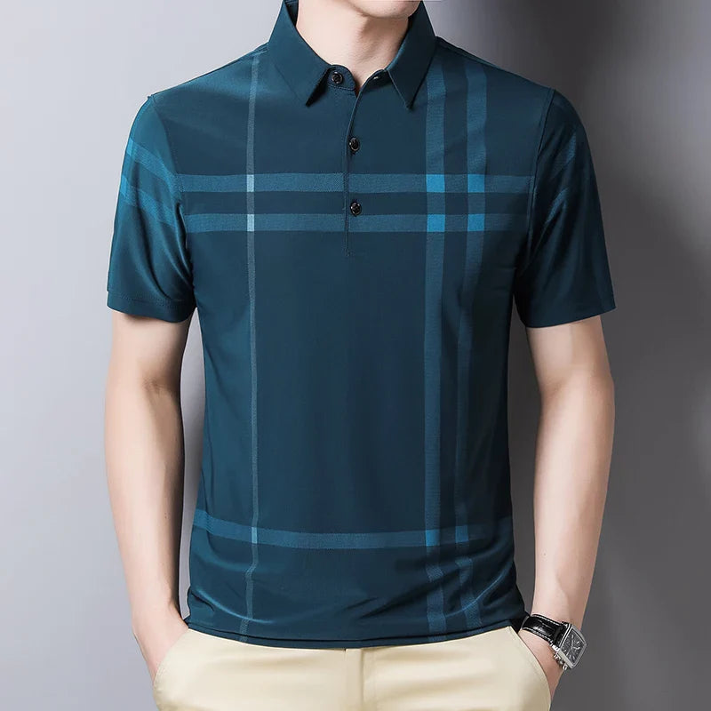 BROWON Business Polo Shirt Men Summer New Casual Loose Breathable Anti-wrinkle Short Sleeved Plaid Men Polo Shirt Men Tops