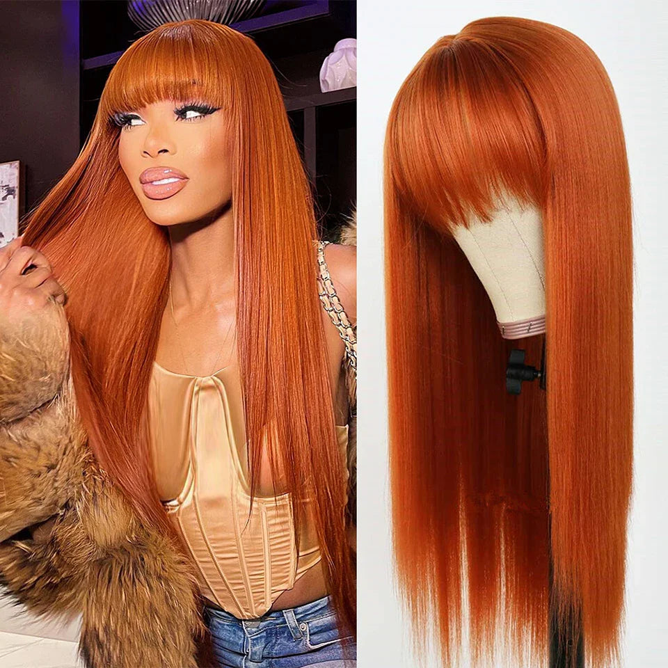 Uwigs Highlight Wig Human Hair Wigs With Bangs Bone Straight Human Hair Wig Full Machine Wigs Ginger Orange 250 Density Lace Wig