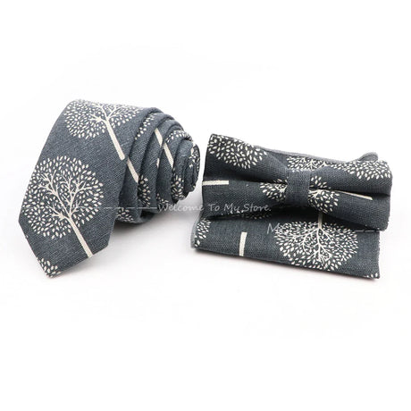 Men Linen Plant Ainmal Ties Set Pocket Handkerchief Bowtie Men Women Tuxedo Suit Unisex Business Wedding Party Accessories Gifts