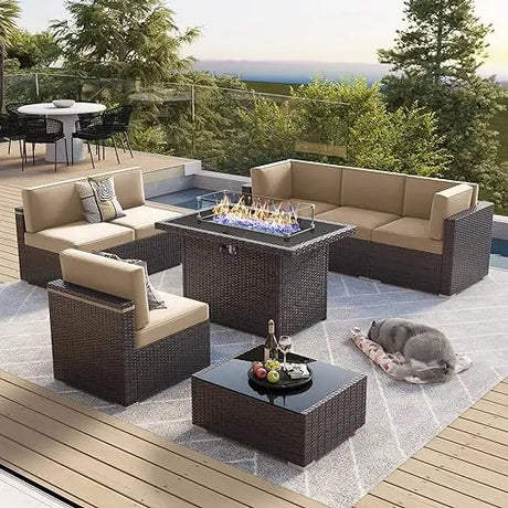 7/8 Pieces Outdoor Patio Furniture Set with  Fire Pit Table Rattan Sectional Sofa Conversation Sets Moden Set for Garden