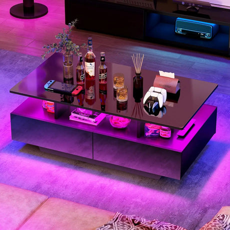 LED coffee table with storage, living room high gloss LED coffee table, small center table with open display stand