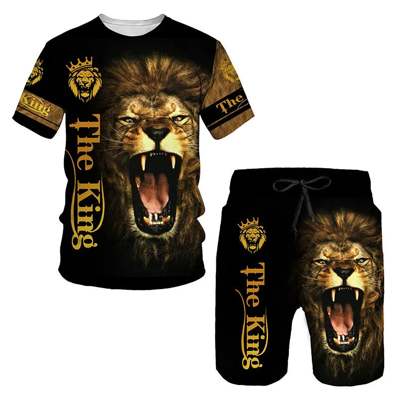 2023 Men T-shirt Set Tracksuit Training Wear Lion Pattern T-Shirt Shorts Casual Suit Oversized 2 Piece Set Sports Men Clothes