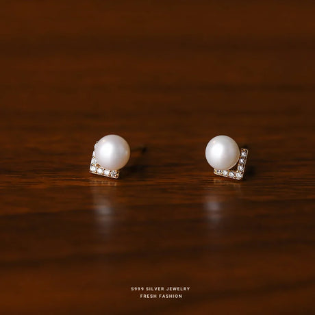 999 Sterling Silver V-shaped Inlaid Zircon Natural Pearls Stud Earrings for Women French Vintage Romantic Jewelry