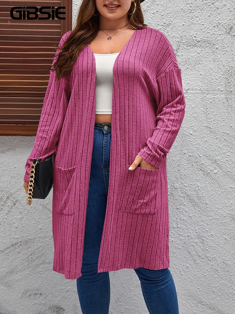 GIBSIE Plus Size Solid Rib Knit Open Front Cardigans Women Spring Autumn Casual Long Sleeve Korean Female Mid-Long Cardigan Coat