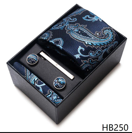 Luxurious Dropshipping 8 cm Birthday Gift Silk Tie Hanky Pocket Squares Cufflink Set Tie Clip Necktie Box Geometric