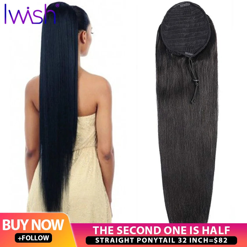 150g Straight Human Hair Wrap Around Ponytail Drawstring Ponytail Extensions Malaysian Remy Long Clip In Ponytail Iwish Hair