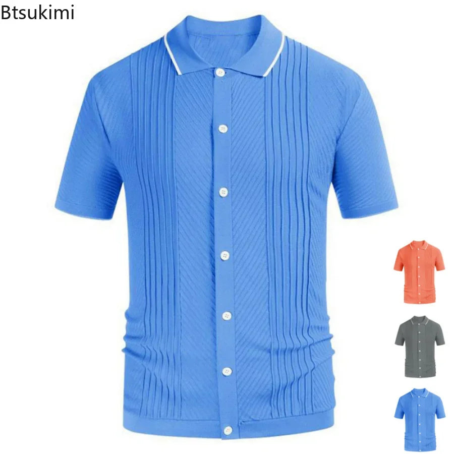 2024 Men's Summer Short Sleeve Polo Shirts Knitted Lapel Cardigan Top Stripe Stitching Men Polo Tee Shirt Fashion Camisa Hombre