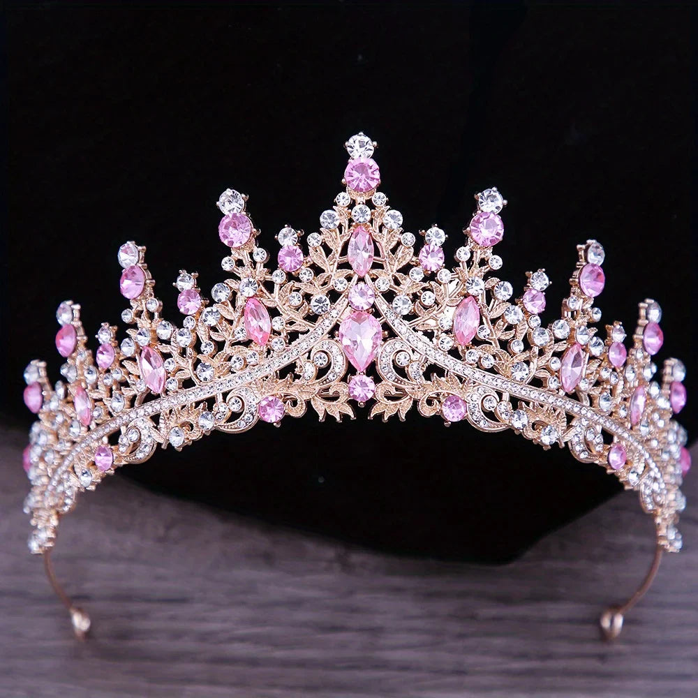 Pink Crystal Tiaras And Crowns For Women Bride Pink Rhinestone Prom Diadem Crown Tiara Bridal Wedding Hair Accessories Jewelry