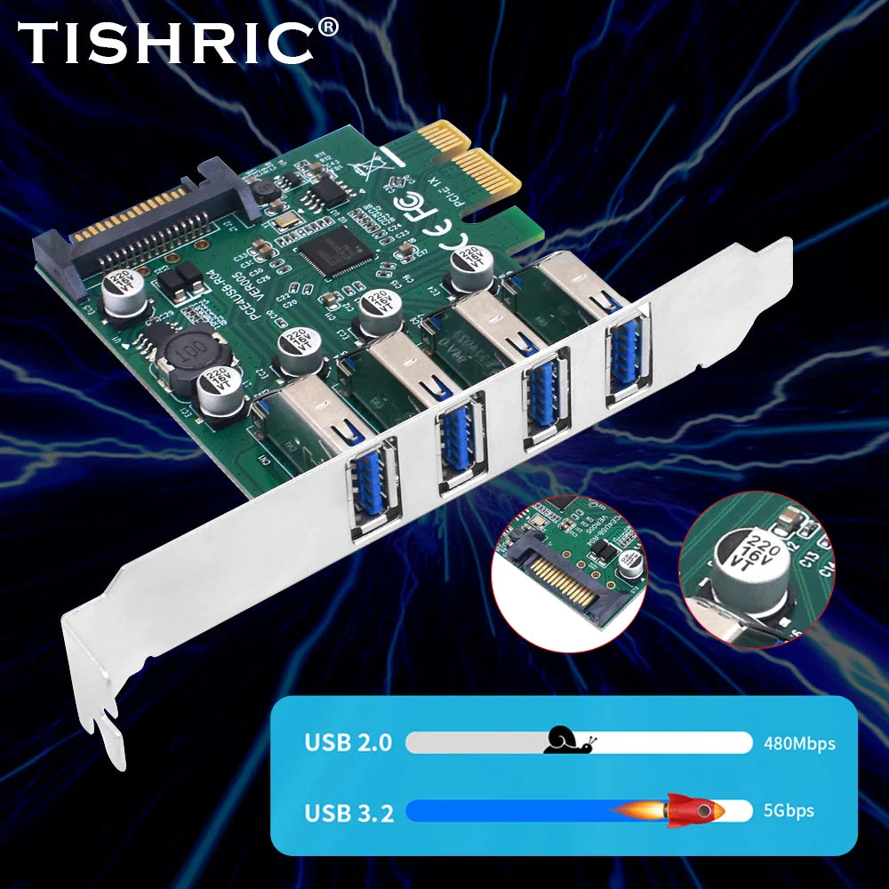 TISHRIC PCIE 1X To 4 USB 3.2 Port Expansion Card D720201 Control Add on Card Support system Win xp/Vista/7/8/10/11 32-bit/64-bit