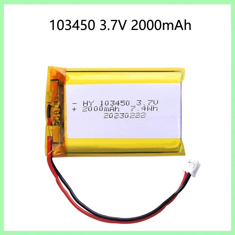 103450 3.7V 2000mAh Polymer Lithium Rechargeable Battery jst PH 2.0mm 2pin plug for Camera GPS navigator MP5 Bluetooth Headset