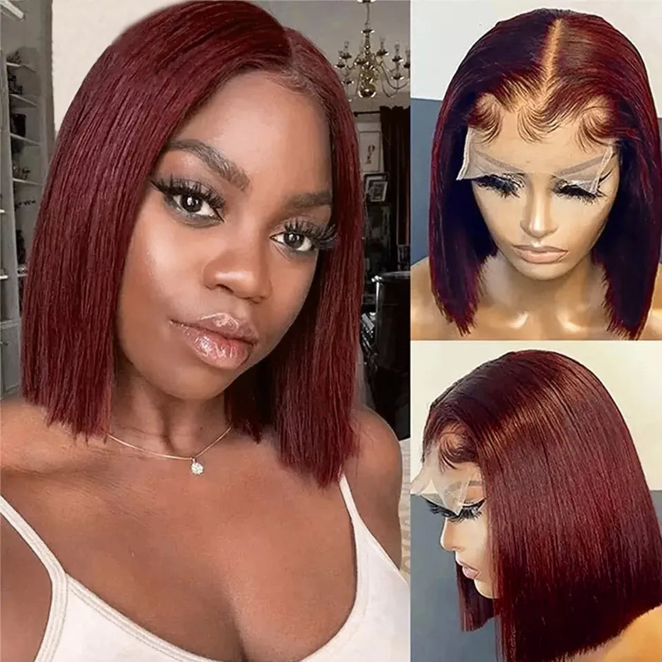 Wear Go Glueless Wig 99J Burgundy Short Bob Wig 13X4 Lace Front Wigs For Black Women Brazilian Human Hair Red Highlighted Color
