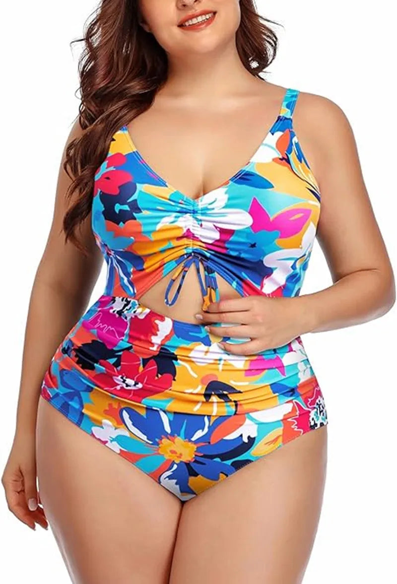 One Piece Floral Printed Women Plus Size Swimsuits Cutout Tummy Control Sexy Swimwear 2024 Summer Female Monokini Bathing Suit