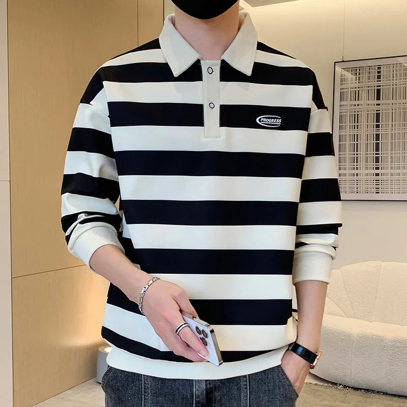 Commute Basic Striped T-shirts Spring Autumn Polo-Neck Button Men's Clothing Long Sleeve Korean Patch Designs Loose Polo Shirts